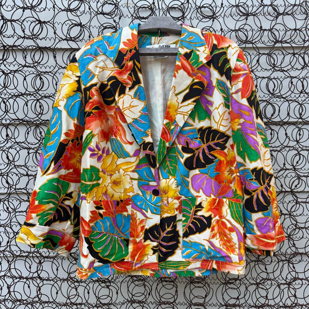 Vintage 90s Lillie Rubin Silk Bold Tropical Floral Boxy Blazer Size 8